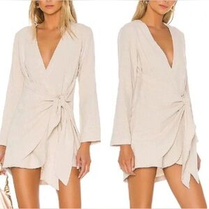 L'Academie Cream Linen Mini Wrap Dress
